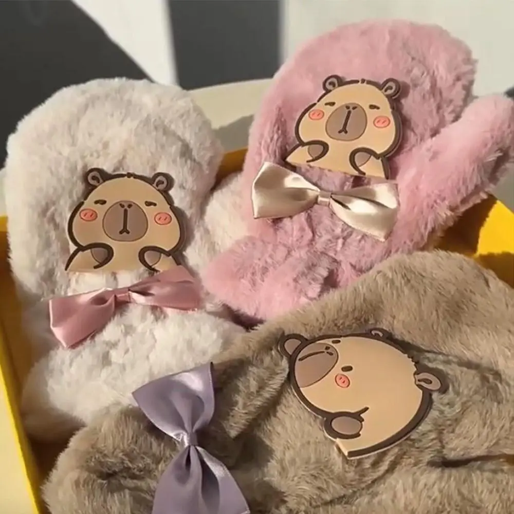 น่ารักการ์ตูนผู้หญิงน่ารัก Mittens 3D อุ่น Capybara Fur Mittens Kawaii น่ารัก Plush Capybara ถุงมือเล่นสกี