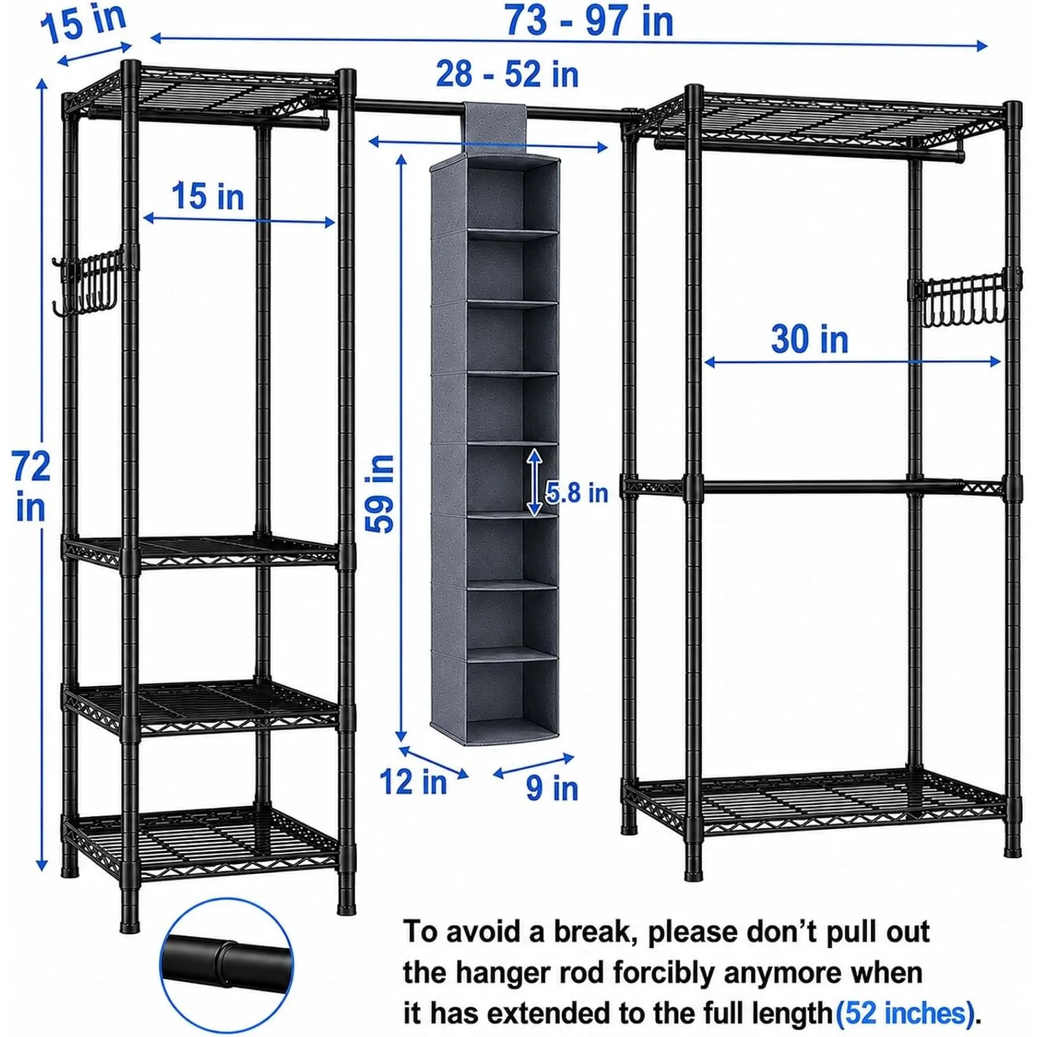 Heavy Duty Clothing Rack with Shelves and Hat Storage Bag, Expandable Garment Rack Closet Organizer, Metal Clothes Rack with Hanging Rods, Freestanding Open Wardrobe System for Bedroom