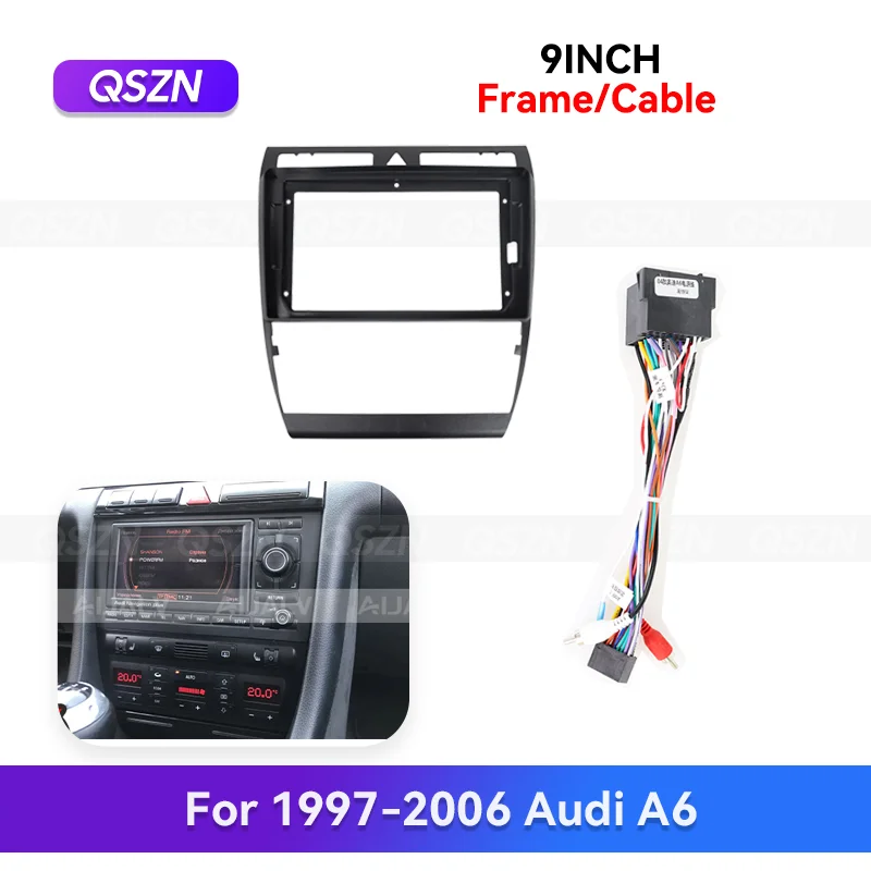 

QSZN 9-дюймовый для Audi A6 1997-2006 гг., автомобильный радиоприемник, стерео рамка, Android Auto, мультимедийная навигация, комплект жгутов проводов GPS MP4