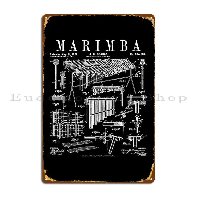 Marimba Player Percussion Musical Instrument Vintage Patent Metal Plaque Iron Vintage Club Garage Customize Tin Sign Poster