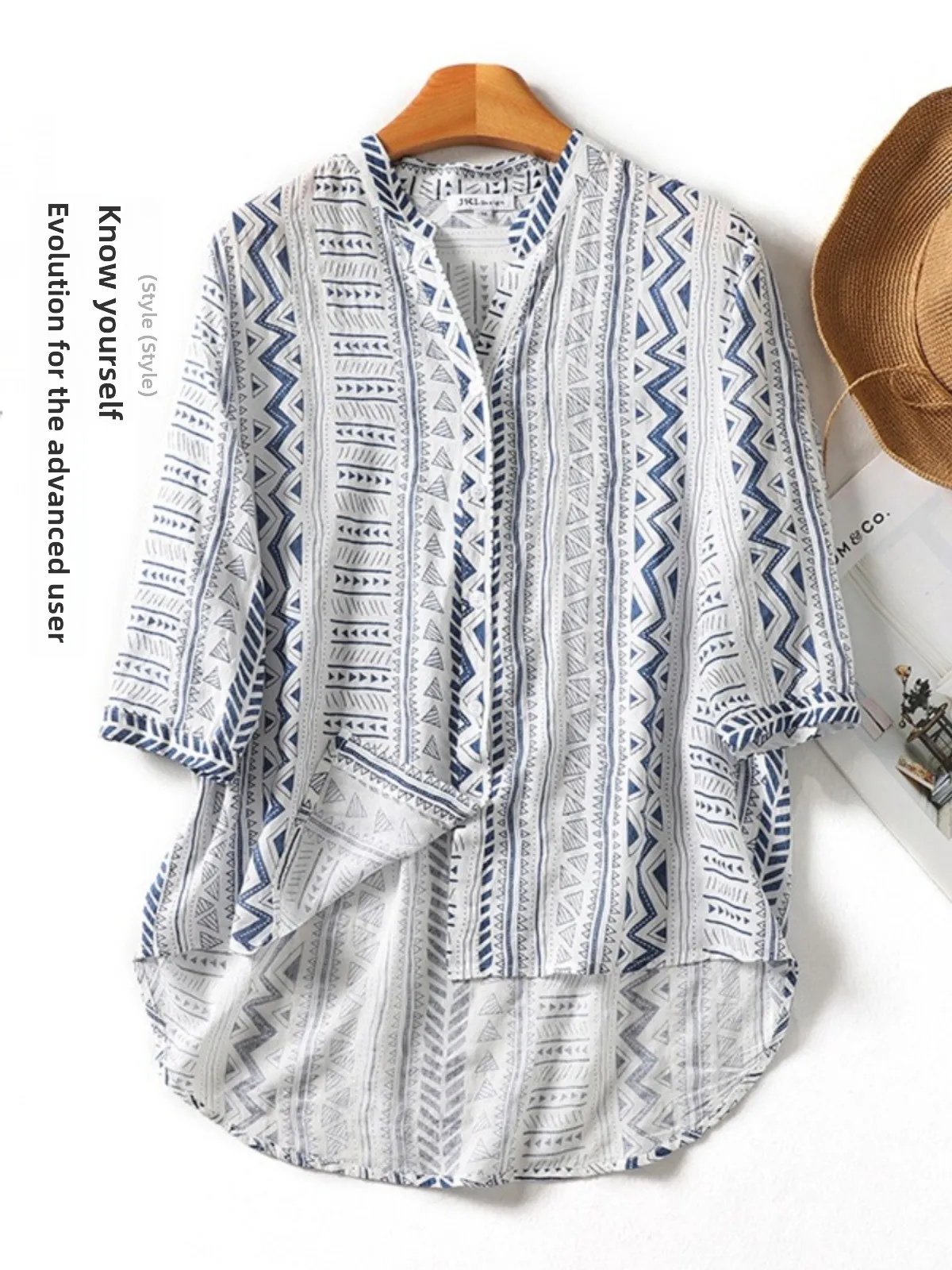 

Summer New Loose Casual Ethnic Print V-Ne Thin Five-Quarter Sve irt Women's Open Cardigan Top Buttoned Regular Length