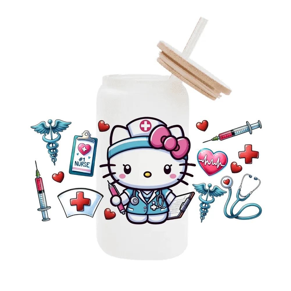 Hello Kitty Doctors nurses Medical treatment   For Libbey 16oz Can Glass 3D Waterproof UV DTF Coffee Can Wrap Libbey Glass Wrap