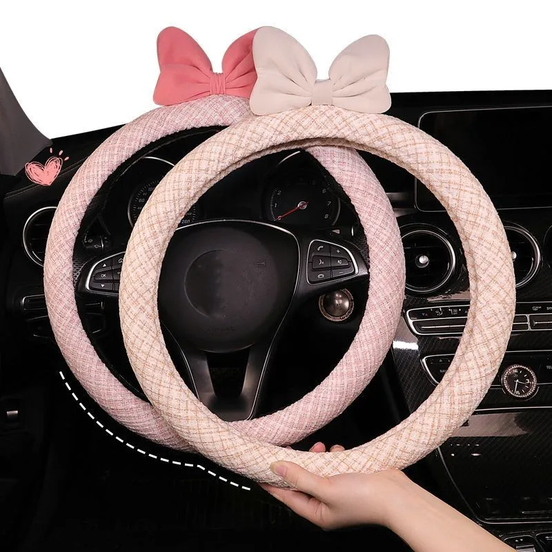 Bowknot Car Steering Wheel Cover Handle Set Cartoon Summer Round D-type Sweat-absorbing Non-slip Car Accessories Interior