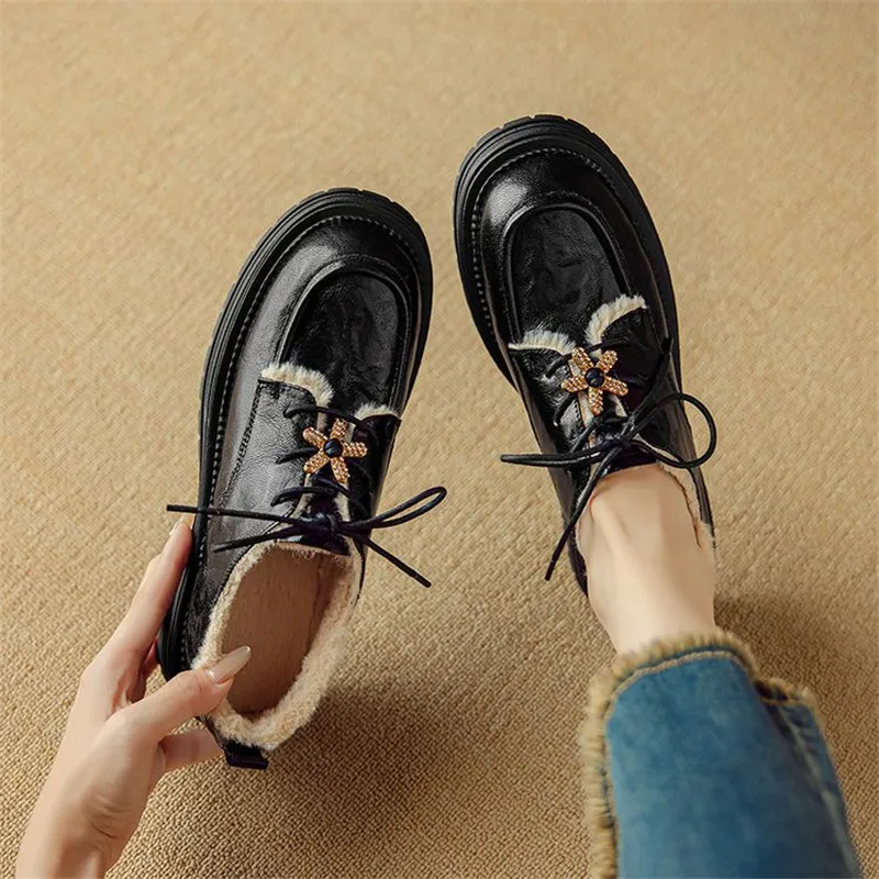New Spring Autumn Genuine Leather Women Pumps Shoes for Women Fashion Round Toe Lace Loafers Shoes Zaptos Mujer Deep Mouth Shoes - Image 2