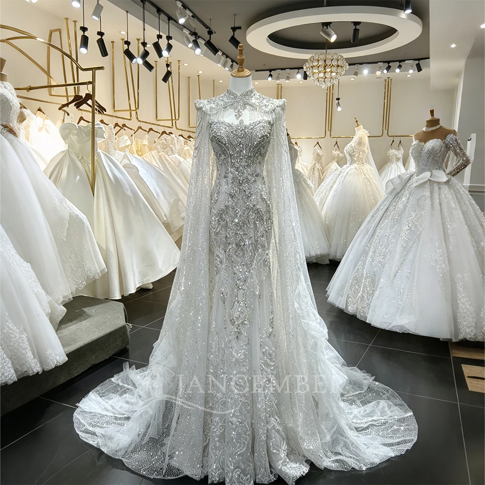 

Wholesale Wedding Dress Sequins With Cape Lace Sequins A-line Sleeveless Strapless Bride Dress Back Button Robe De Mariee