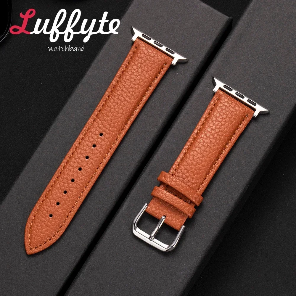 Lichee Pattern Leather Watch Straps for Apple Watch Band 49 46 45 44 42 41 40 38mm Bracelet for IWatch Series 1-10 SE Ultra 2