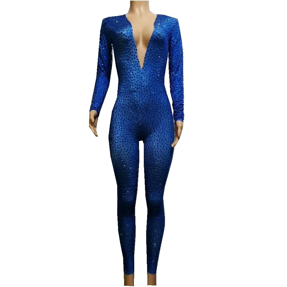 Sparkly Full Blue Rhinestones Jumpsuit Women One Piece Stretch Bodysuit Nightclub Party Outfit Singer Dancer Performance Costume