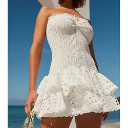 Abito in pizzo elegante bianco donna vacanze estive senza spalline Vestido Mujer scava fuori abiti Sexy Vintage aderenti senza maniche