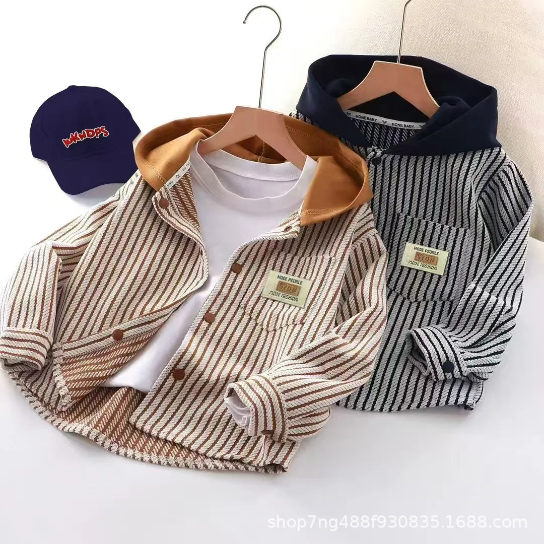 Spring and Autumn Long Sleeved Hooded Jacket Striped Cardigan for Boys and Girls Striped Fashionable and Versatile Outerwear