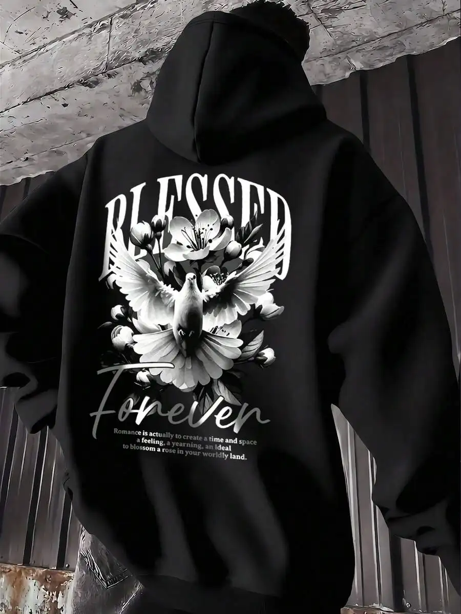 Men's Black Dove & Floral Print Hoodie, Casual Streetwear Loose Fit Pullover Sweatshirt