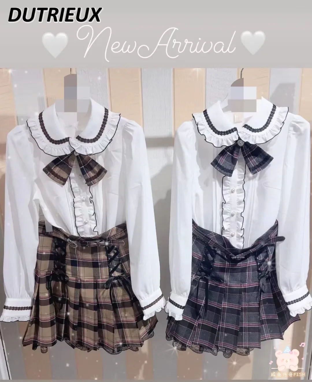 Japanese Rhinestone Plaid British Style Retro Uniform JK Shirt Top Student Plaid Skirt Set Spring and Autumn New Skirts Outfit