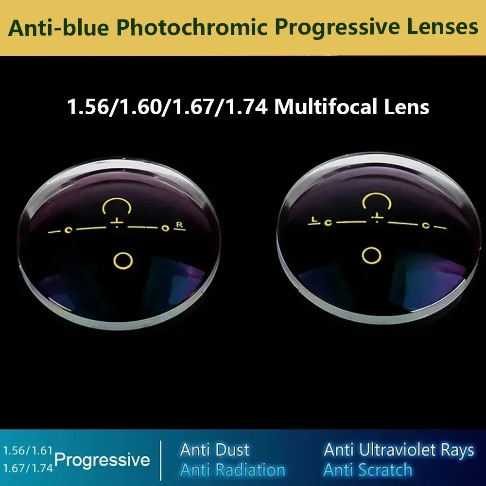 Anti-blue Multifocal Progressive Photochromic Lenses Myopia Hyperopia Optical Lenses Widest Field 1 Pair 1.56/1.61/1.67/1.74