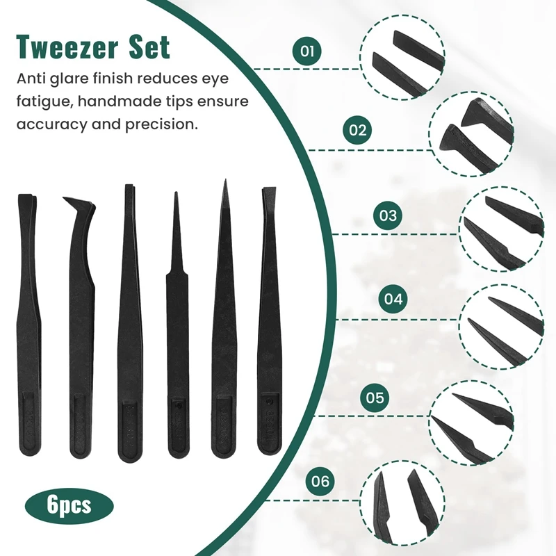 

6PCS Precision Tweezer Set Plastic Anti Static Tool Kit Size 1/2/3/5/6/8 each one(Black)-A09G