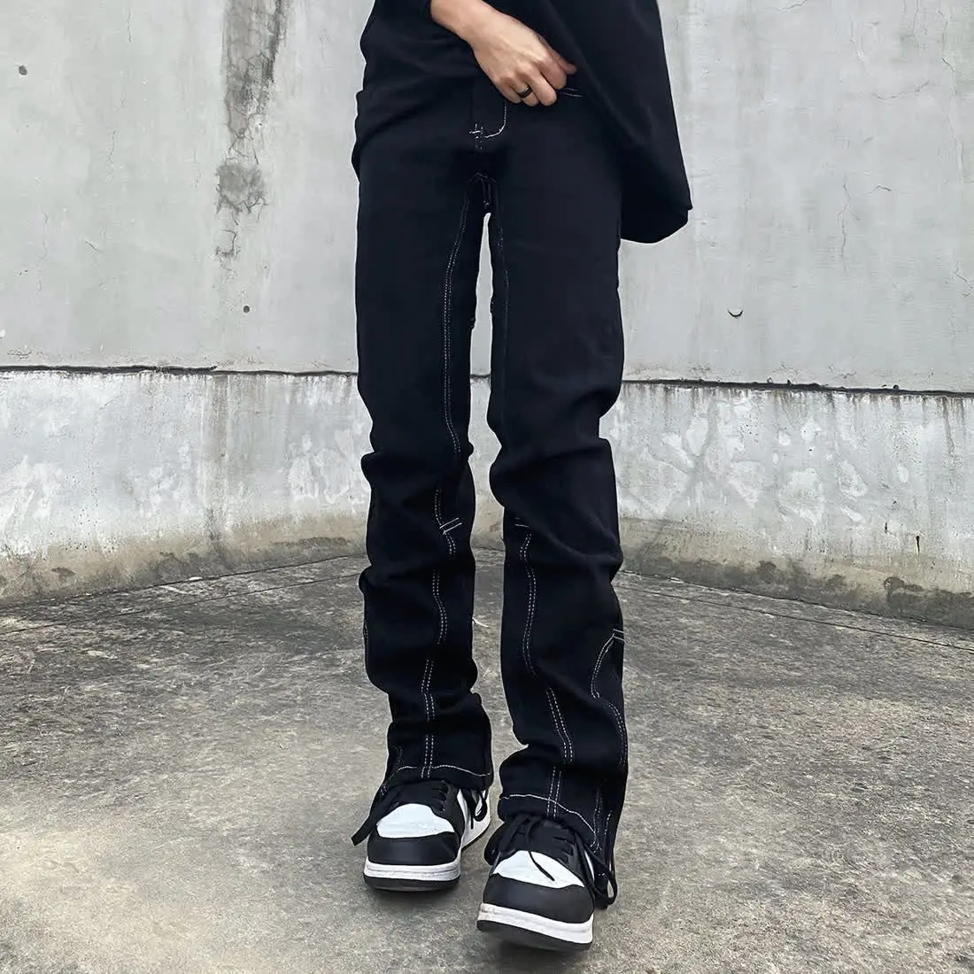 American High Street Bright Thread Slim Fit Slim Pant Hem Split Zipper Straight Leg Jeans Micro Flare Versatile Pants for Men an