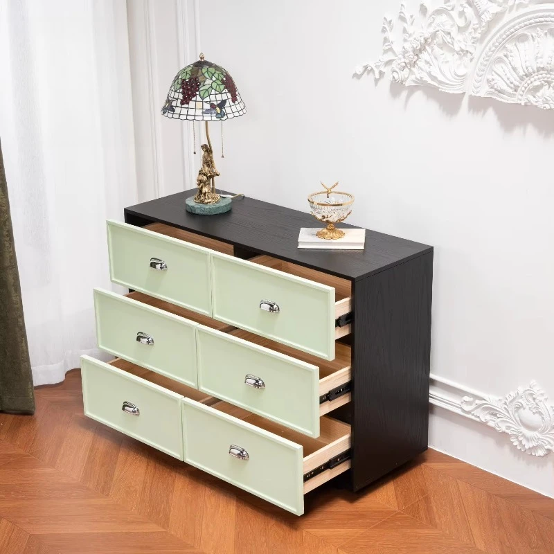 Modern light green wood chest of drawers with chrome handle, 6 drawer dresser, modern bedroom locker