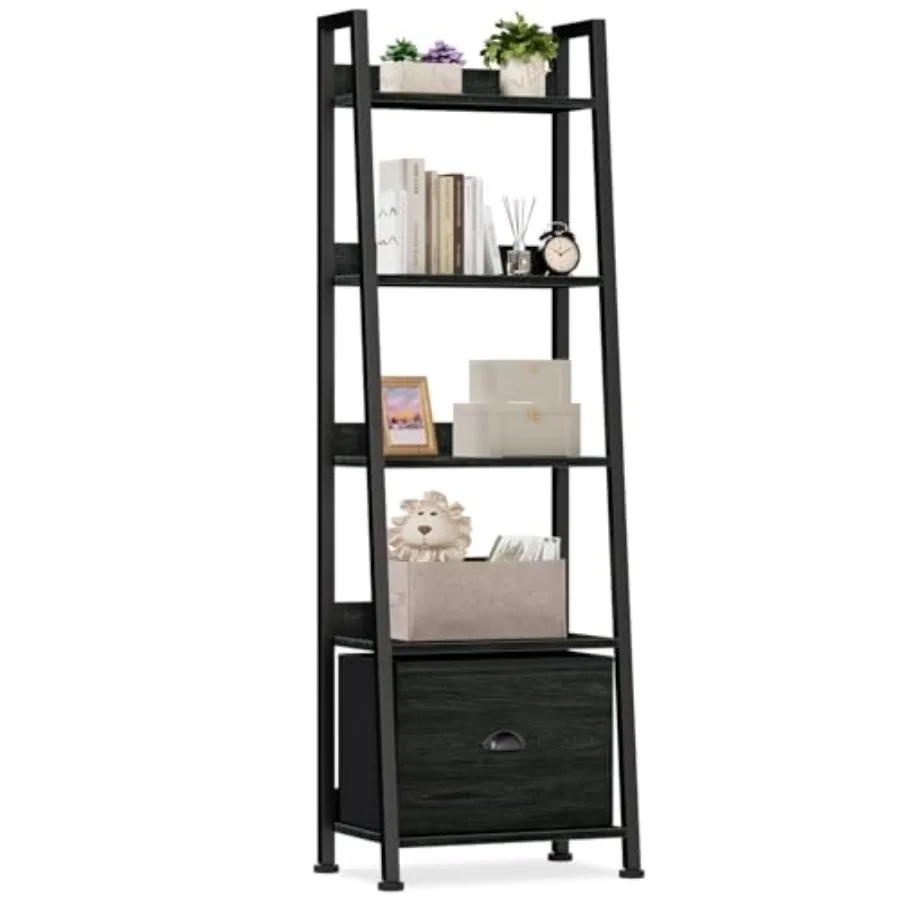 

5-Tier Narrow Ladder Shelf with Drawer 55.6 Tall Black Oak Industrial Bookcase Storage Rack Organizer for Living Room Home Offi