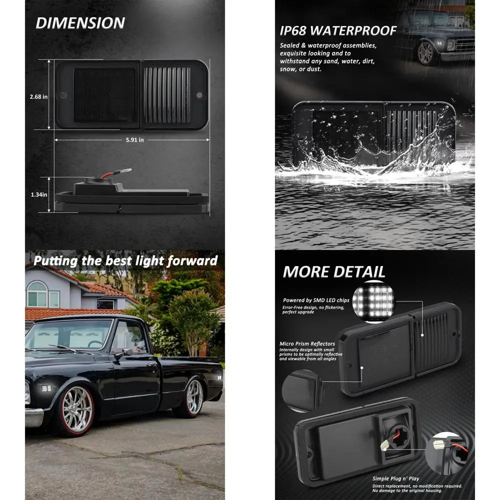 

Smoked Lens White LED Front & Rear Bumper Lights for 1968-1972 Chevy C/K Series C10, GMC Series C1500 Suburban, Blazer, Jimmy Pi