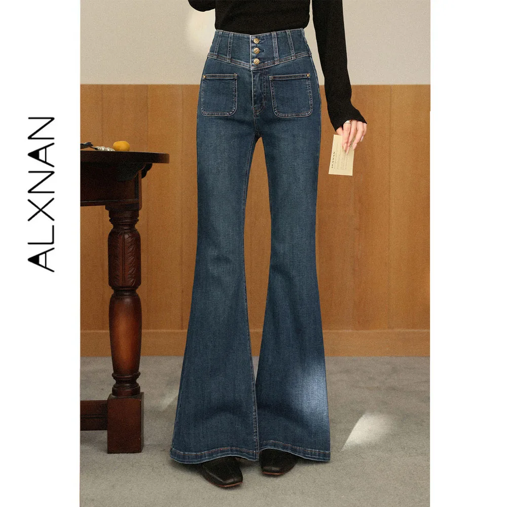 ALXNAN Vintage Blue High Waist Flare Jeans Women Autumn Elegant Straight Baggy Pants 2026 Fashion Cotton Trousers Ladies L67916