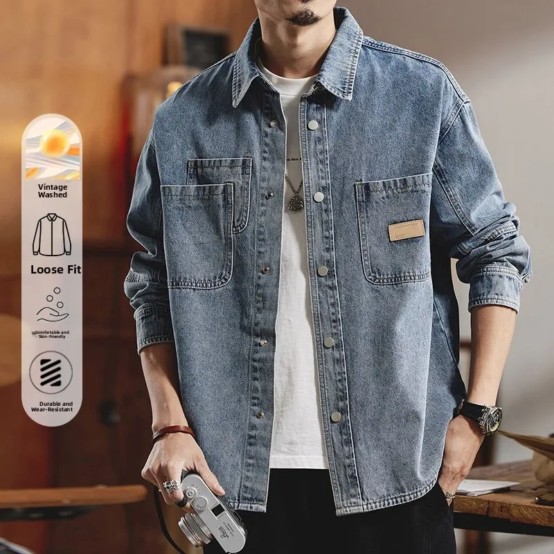 

Classic American Heavyweight Men's Denim irt Long Sve Loose Casual Workwear Jaet Spring Trend Brand Cotton Polyester