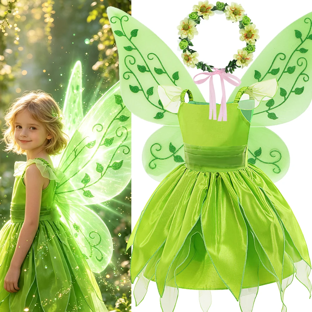 Girls Fairy Costume Dress Halloween Costumes Green Fancy Summer Dresses Princess Cosplay Carnival Party 3 4 5 6 7 8 Years