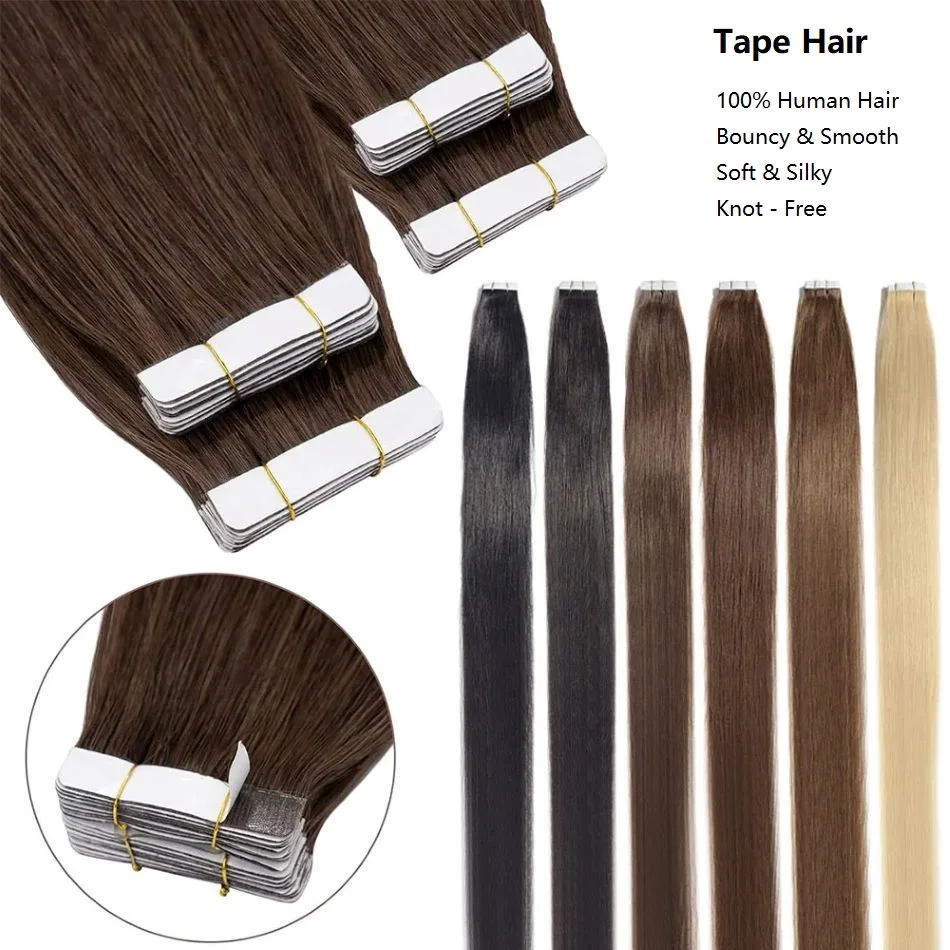 Tape in-Extensiones de Cabello 100% humano para mujer, cabello brasileño, negro, marrón, liso, calidad de salón, 20 unidades, 50g