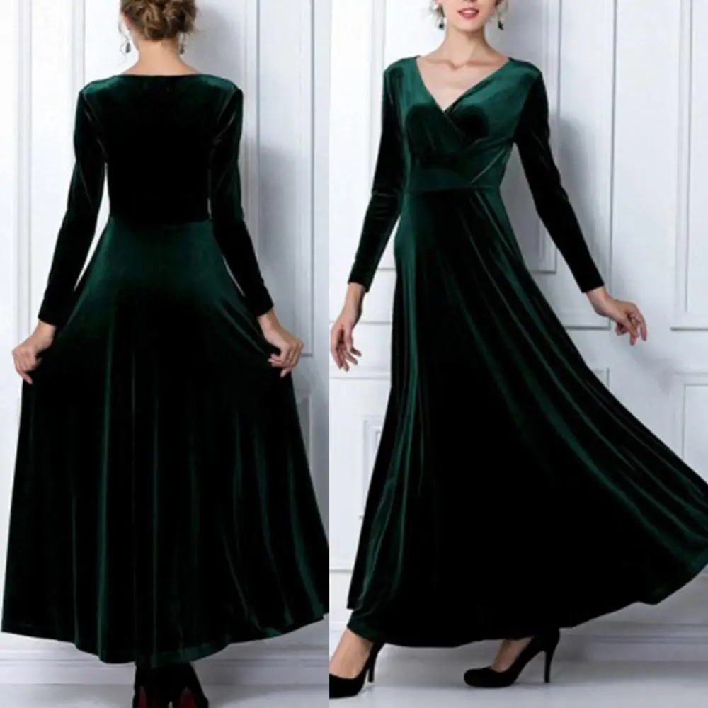 Vintage Women Autumn Long Sleeve V Neck Pleated Velvet Banquet Party Maxi Dress Party Wedding Elegant Evening dress 