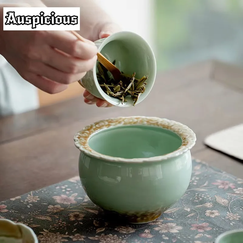 

650ml Gradient Blue Carving Tea Washing Basin Flower Petals Three-legged Jianshui Small Tea Slag Tank Tea Ceremony Accessories