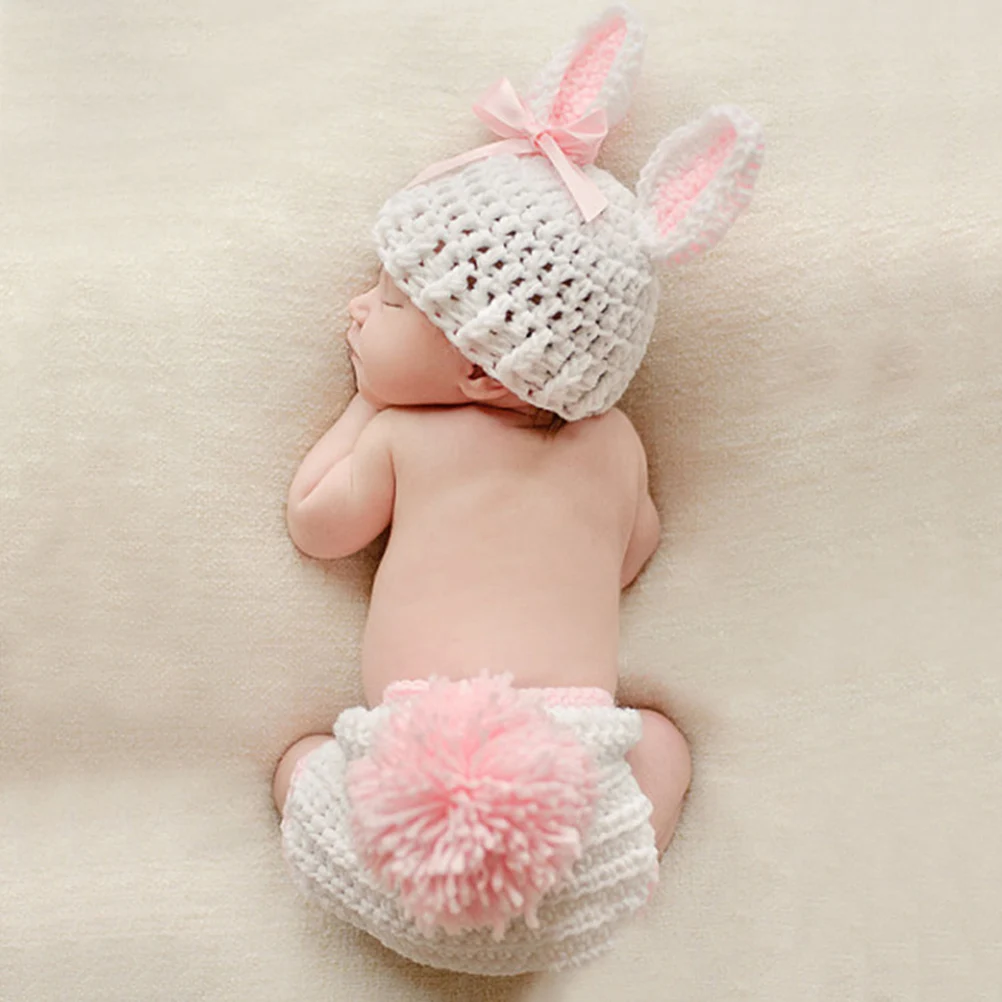 

1 set 1 Set Crochet Outfit Easter Rabbit Costume Photo Prop Handmade Cotton Yarn Diaper Hat For Shower Gift