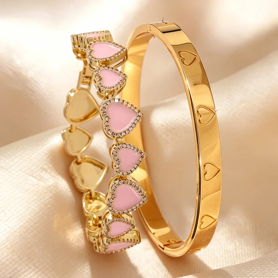 Yupsk Fashion Romantic Pink Oil Dripping Zircon Inlay Heart Bracelet Bangle Set for Women Elegant Stainless Steel Bracelets Gift
