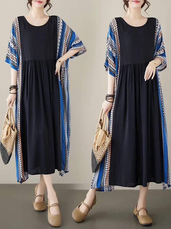 فستان ماكسي بأكمام قصيرة وياقة مستديرة بنمط مخطط عتيق للنساء في منتصف العمر وكبار السن، تصميم فني جديد بطابع قديم لفصل الصيف