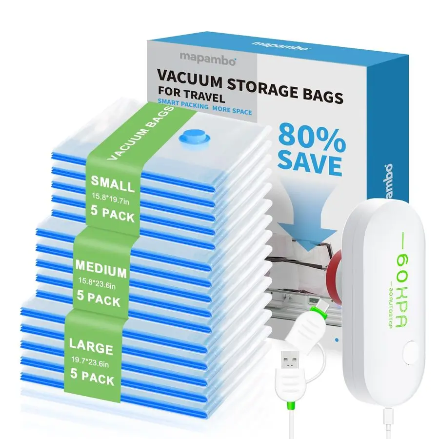 

15 Pack Vacuum Storage Bags with 60000Pa USB Pump, Vacuum Seal Bags for Clothing Travel, Space Saver Vacuum Seal Bags for Cloth
