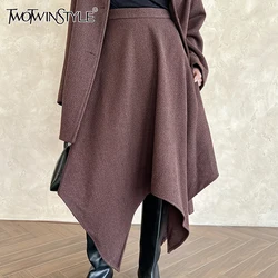 TWOTWINSTYLE Solid Irregular Hem A Line Skirt For Women High Waist Casual Asymmetrical Chic Midi Skirts Female Fashion Clothes