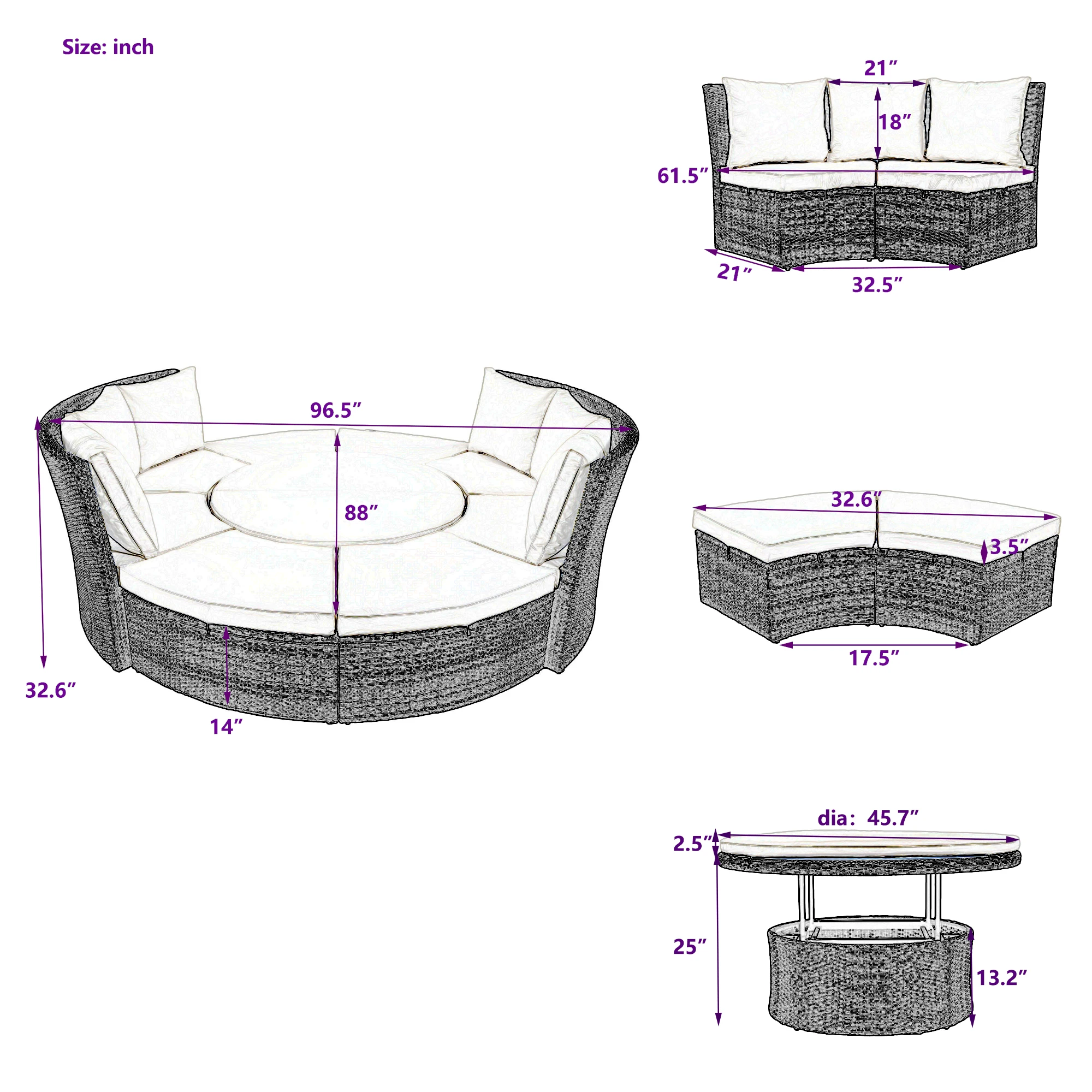 Patio 5-Piece Round Rattan Sectional Sofa Set All-Weather PE Wicker Sunbed Daybed with Round Liftable Table and Washable Cushion