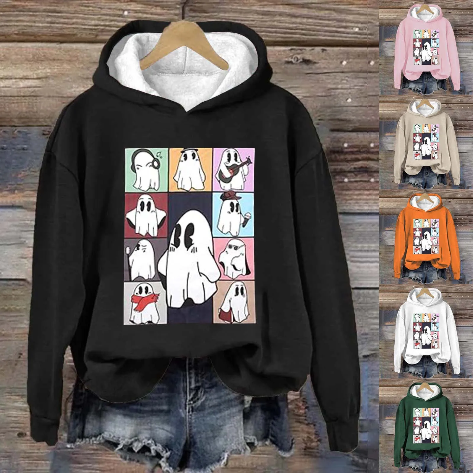 

Halloween Lovely Cute Little Ghost Cartoon Print Hooded Hoodies Women'S Long Sleeve Plush Lined Warm Pullover Tops Causal Blouse