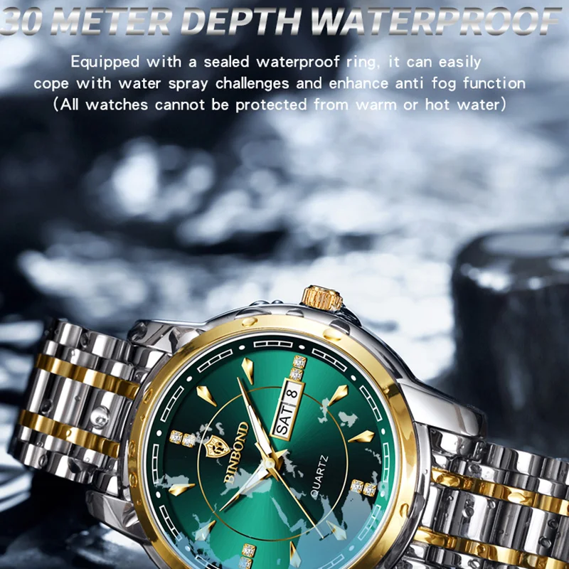 BINBOND новые роскошные деловые мужские кварцевые часы модные водонепроницаемые многофункциональные мужские часы из нержавеющей стали Relogio Masculino