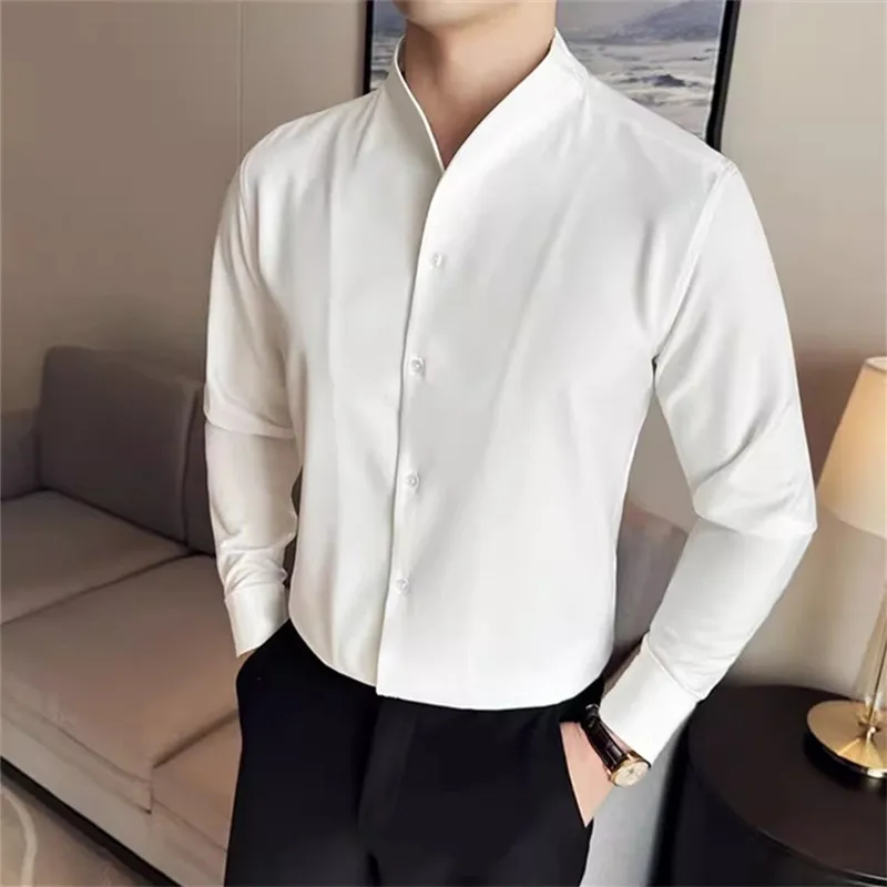 High Quality Long Sleeve Shirts Men Fashion V-Neck Solid Color Slim Fit Casual Shirts Mens Anti-Wrinkle Business Dress Blouse