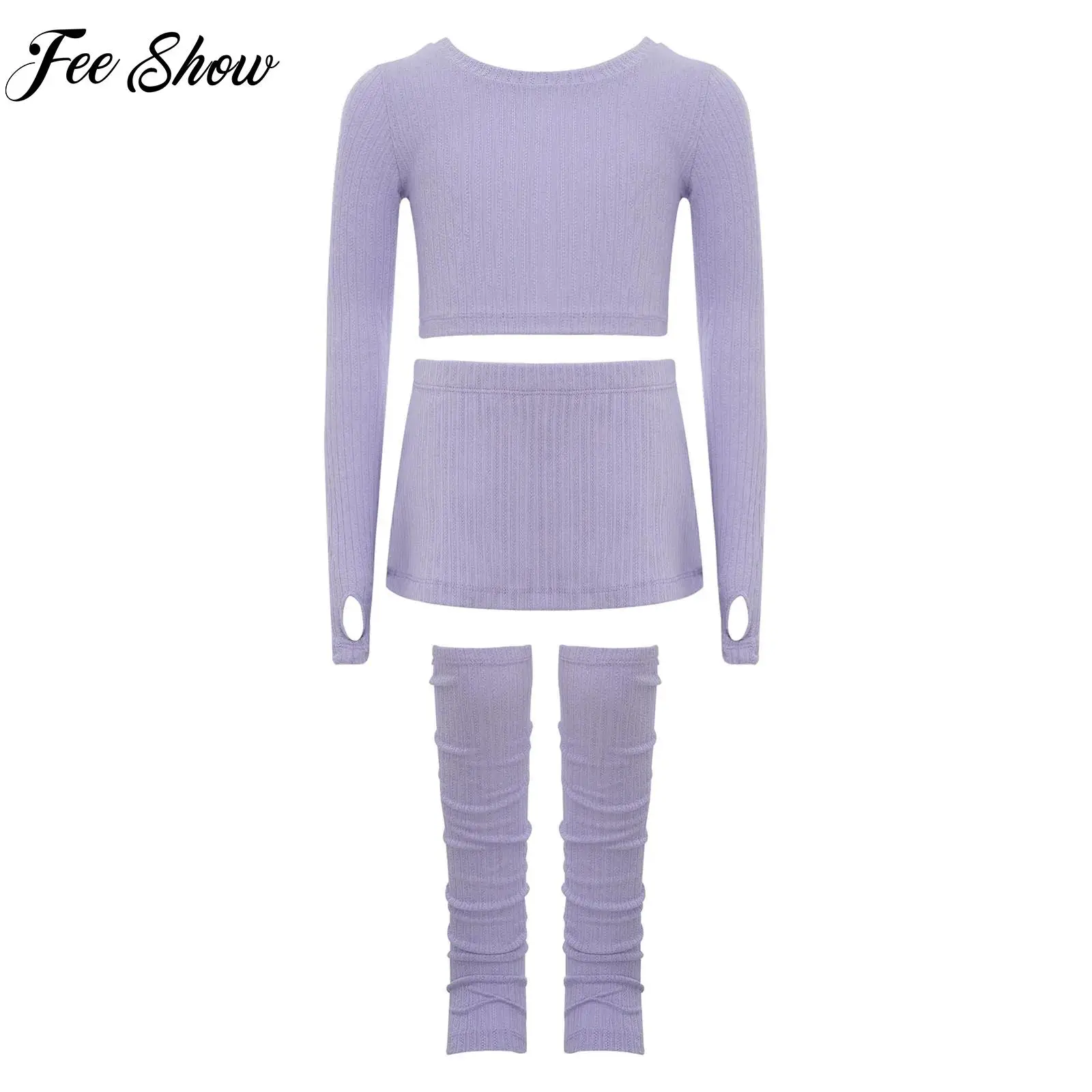 

Girls Ballet Gymnastics Training Outfit Kids Dance Practice Warm-Up Costume Ribbed Long Sleeves Crop Top+Skirt+Leg Warmers Set
