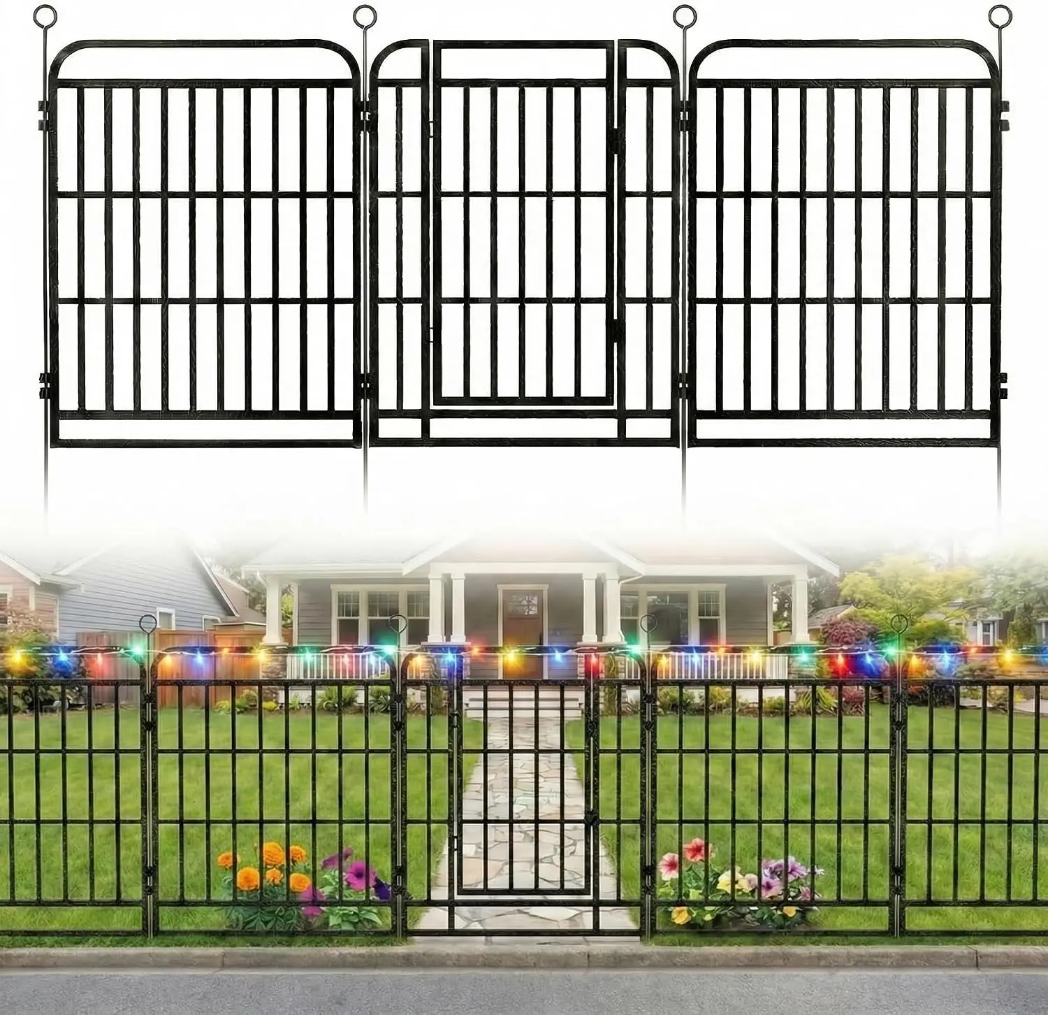 12 Panels Garden Fence for Yard with Solar String Lights 40in(H) x 27ft(L) Heavy Duty Metal No Dig Animal Barrier Panels