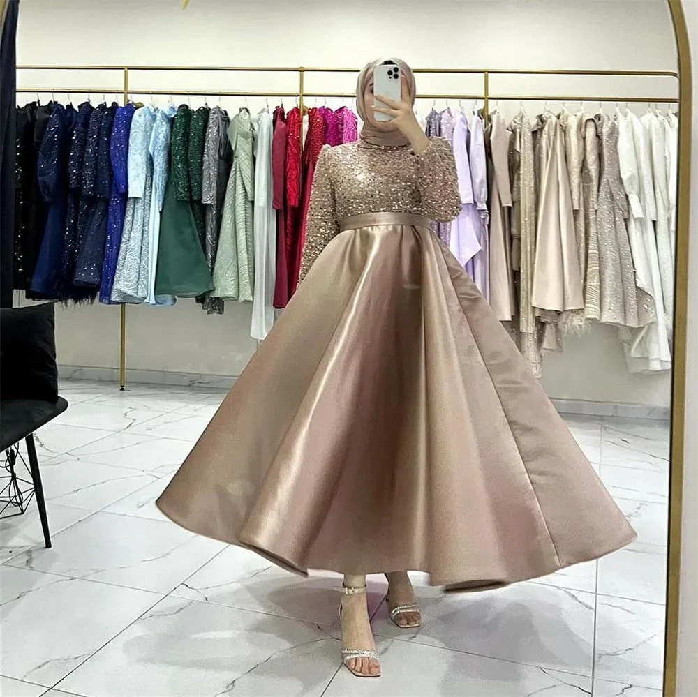 

Шампанское Бисероплетение فساتين سهرة Скромные платья для выпускного вечера трапециевидной формы Элегантные платья длиной до щиколотки с длинными рукавами и высоким воротом Саудовская Аравия