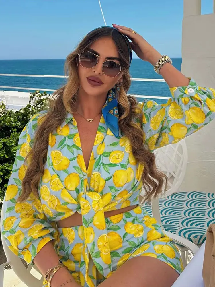 Hh conjuntos de shorts com estampa de frutas para mulheres, blusa fashion com laço, camisa de manga comprida com zíper, shorts femininos, roupa de linho