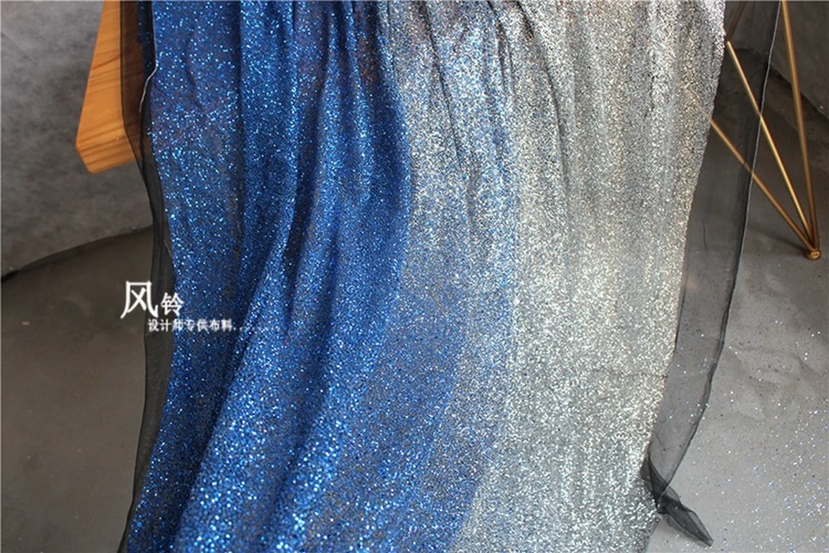 Shiny Sequined Fabric Allover Bronzing Gold Silver to Blue DIY Background Decoration Stage Skirts Wedding Dress Designer Fabric