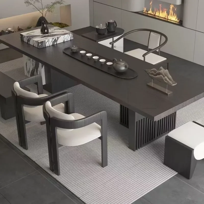 Modern Light Luxury Island Table with Chairs and Tea Table Combo Chinese Solid Wood Large Slab High End Simple Rock Slab Boss
