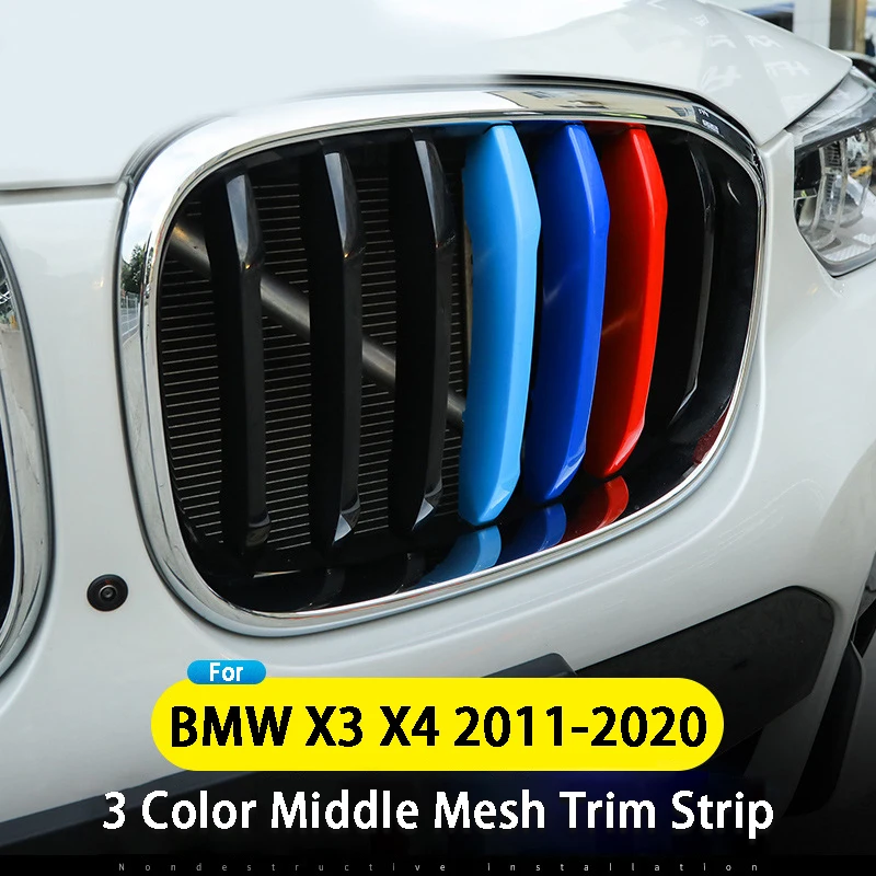 3Pcs Tricolor ABS Front Grill Trim Strip Car Front Grid Cover Net Decoration Stickers For BMW X3 X4 F25 F26 G01 G02 2011-2020