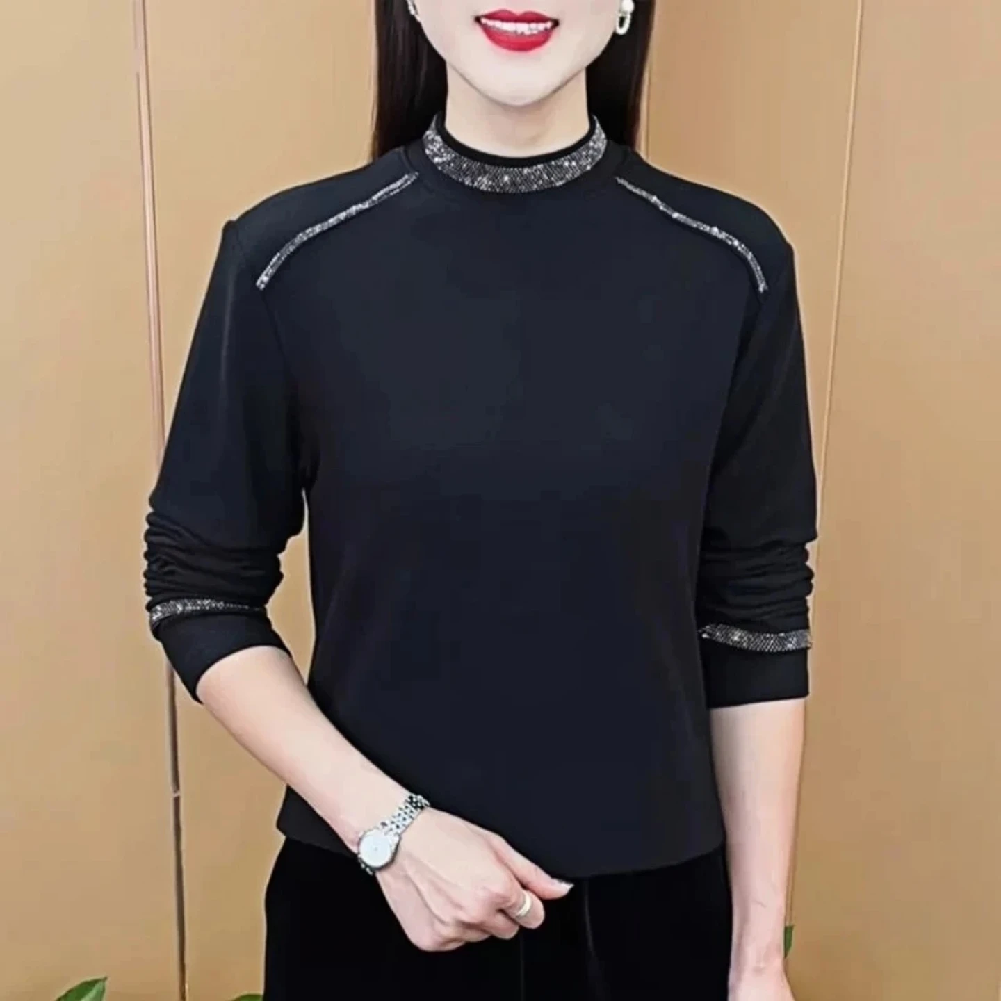 Slimming Effect Velvet Long Sleeve Half High Collar Base Layer T-Shirt Fashionable Mid-Aged Women's Top Trendy Commute Wear