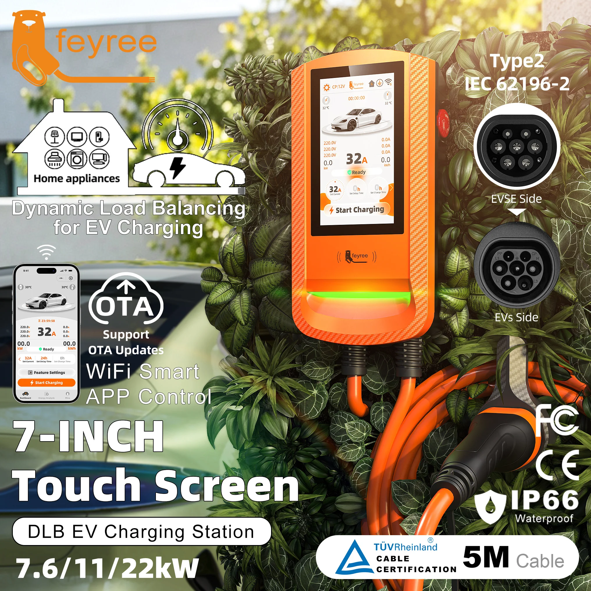 feyree Type 2 Charger Plug Wallbox EV Charger 22kW with DLB Function 7 inch Touch Screen With Password Security Charging Station