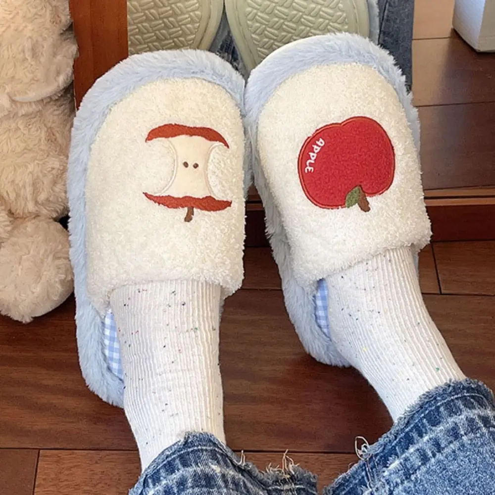 

Fashion Grid Stripe Cute Plush Slippers Thick Sole Soft Fruit Plush Slippers Non-Slip Silent Home Wear Shoes Women