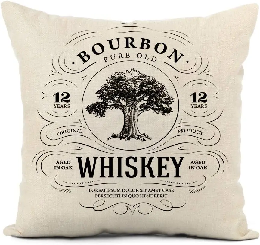 Home Decor Linen Throw Pillow Cover 18x18in Label Vintage Whiskey Oak Tree Bourbon Alcohol Acorn Wood Pillowcase Cushion Cover