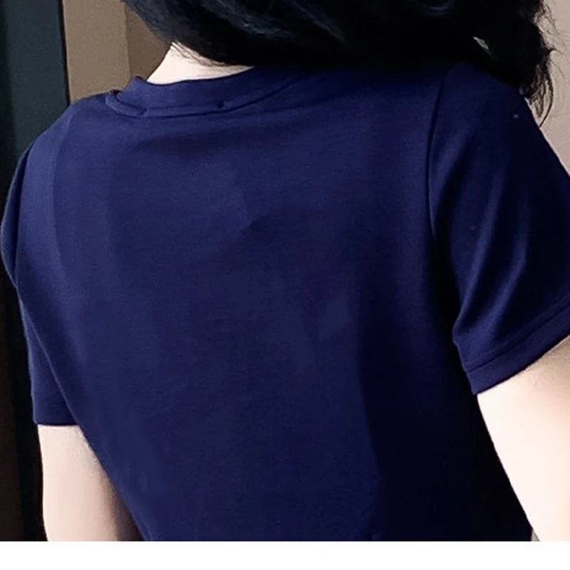 T-shirt in cotone da donna abiti estivi da donna O collo manica corta di grandi dimensioni elegante una linea blu Navy Slim Chiffon Ruffles Vestidos