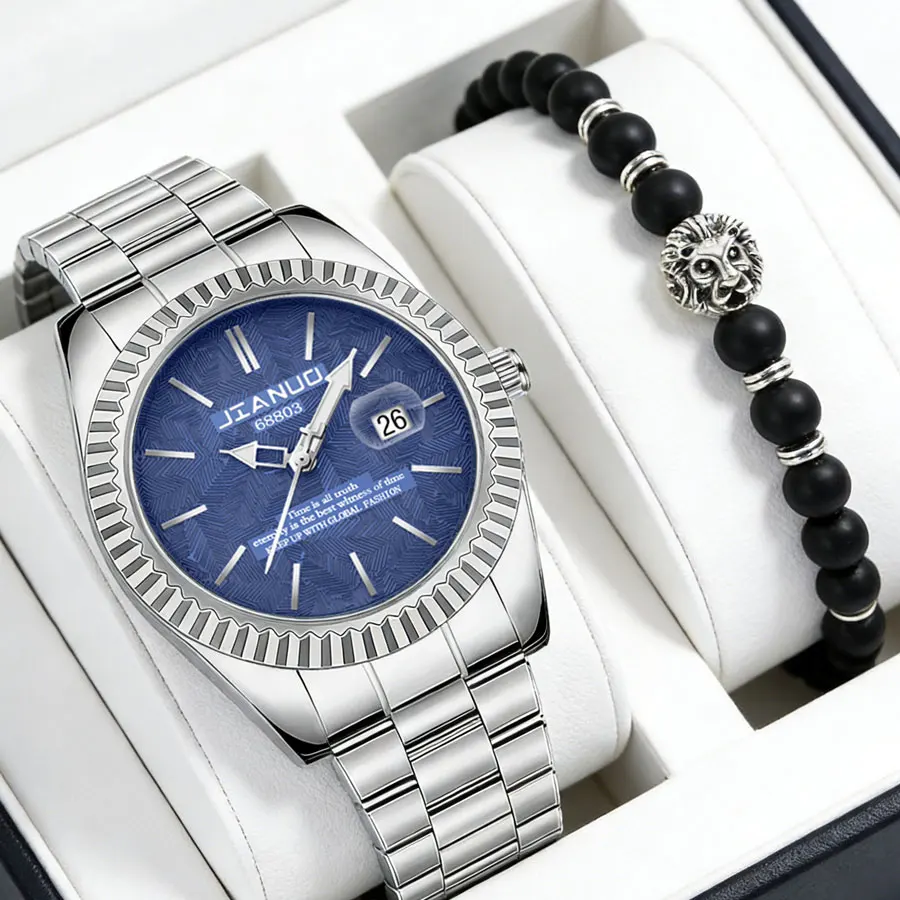 Business Men's Watch 2-Piece Calendar Steel Band Classic Design Simple Casual Quartz Watch Men