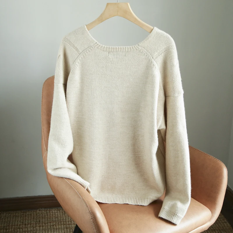 CNlalaxury2022 Elegant Solid Knitting Pullovers Wool Sweater Women Casual Loose V-neck Oversized Sweater Female All-match Jumper